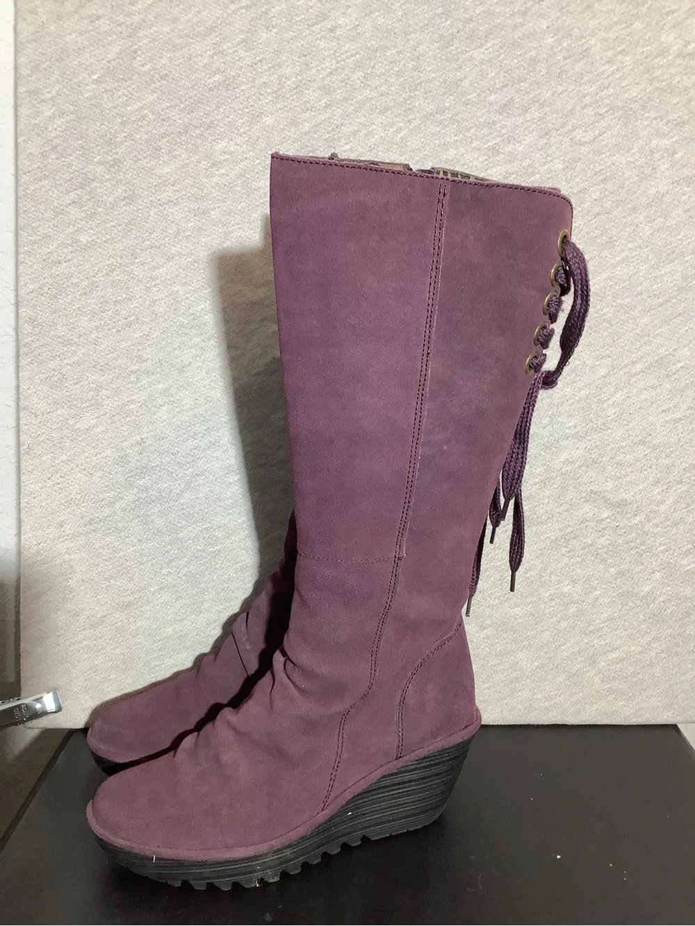 Fly London Women's Tall Suede Wedge Boots in Plum